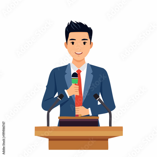 A vector illustration of a person, professional worker, giving a speech at a podium with microphones, isolated on a simple background, viewed from the front.