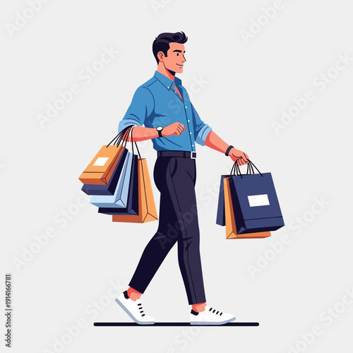 Man happily walking with shopping bags, consumerism concept, modern lifestyle