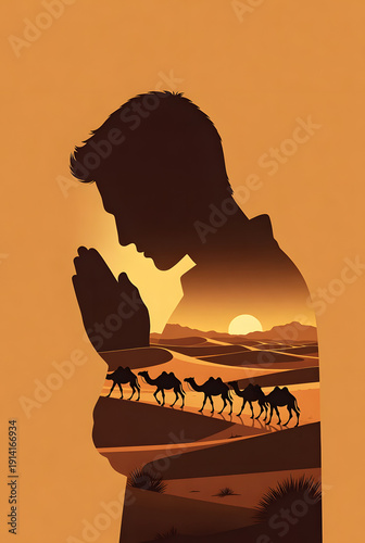 Man in prayer silhouette with desert caravan at sunset