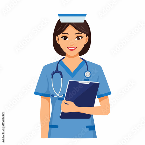 A smiling female nurse in blue scrubs holding a clipboard standing isolated on a plain background from a frontal viewpoint