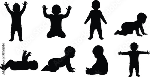 Baby silhouettes collection, crawling, sitting, standing and playing infant poses isolated on white background illustration design