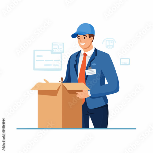 Delivery person in uniform opening a cardboard box with a smile