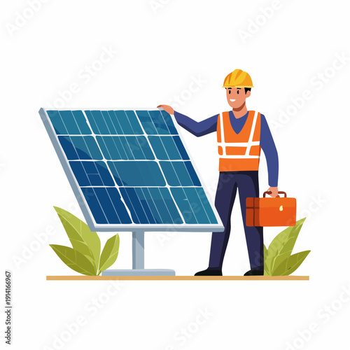 Technician inspecting solar panel installation with toolbox outdoors near green plants