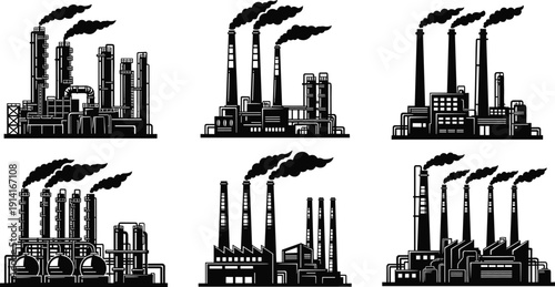 Factory silhouettes collection, industrial plants with smokestacks, manufacturing buildings and pollution smoke isolated on white background illustration design