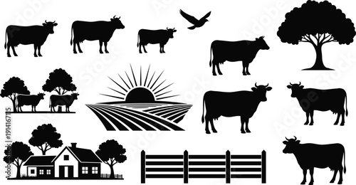 Farm and agriculture silhouettes collection, cows, trees, farmhouse, fence and rural landscape elements isolated on white background illustration design
