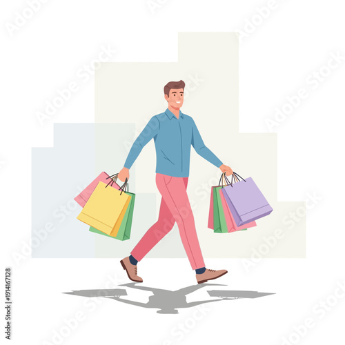 Happy Man Walking With Shopping Bags