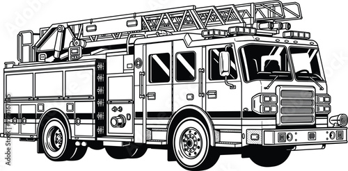 Fire truck ladder vehicle illustration, emergency firefighting transport with rescue equipment, detailed firefighter engine isolated on white background design