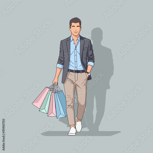 Stylish Man Walking with Shopping Bags - Casual Elegance