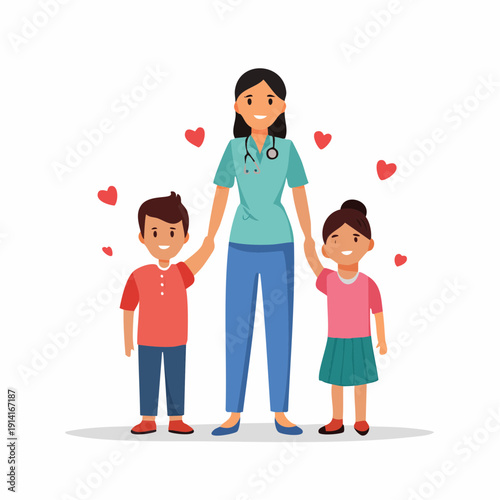 A working person, likely a doctor, stands with children, possibly patients, in a heartwarming scene illustrating profession and people connection.