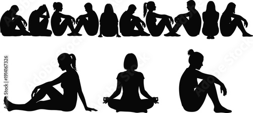 Sitting people silhouettes set, men and women seated relaxed poses vector illustration isolated background collection