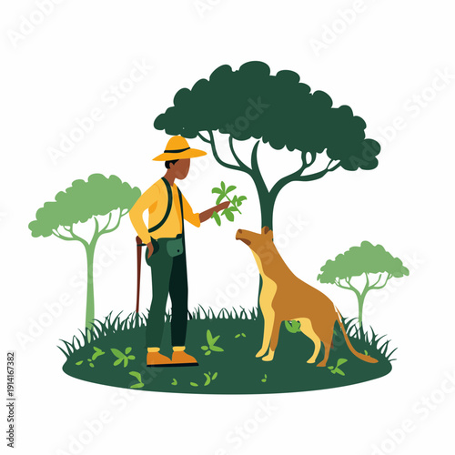 A person working in a profession with their dog standing beside them under a large tree in a serene outdoor environment
