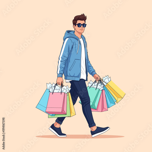 Young Man Walking With Shopping Bags, Trendy Casual Style, Retail Therapy