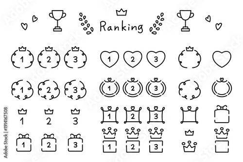 かわいい手描き風の数字とランキング素材　ハート　王冠