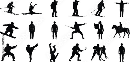 Sports and Activities Silhouette Collection, Skiing, Snowboarding, Martial Arts, Hockey and Outdoor Action Poses, Black Vector Illustration Isolated on White Background