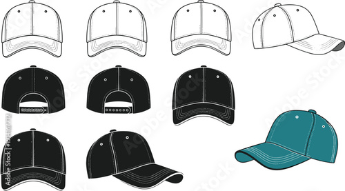 Baseball Cap Vector Illustrations Front Back and Side Views silhouettes