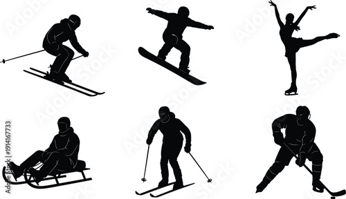 Winter Sports Silhouette Collection, Skiing, Snowboarding, Figure Skating, Sledding and Ice Hockey, Black Vector Illustration Isolated on White Background