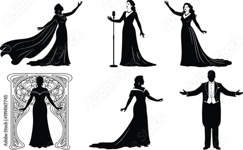 Opera singer silhouettes performing on stage with microphone elegant dress tuxedo concert performance vector illustration isolated background