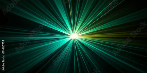 An abstract blue and light background featuring a bright sun burst with glowing laser rays and fractal patterns that create a sense of energy and motion in space
