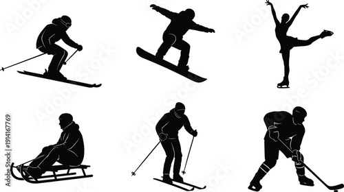 Winter Sports Silhouette Set, Skiing, Snowboarding, Figure Skating, Sledding and Ice Hockey Action Poses, Black Vector Illustration Isolated on White Background