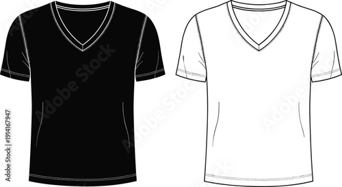 Black and white outline of av-neck t-shirt with short sleeves apparel clothing
