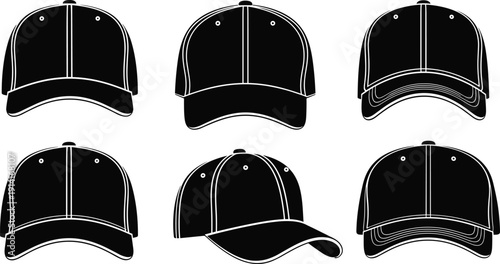 Black Silhouette Icons of Baseball Caps in Various Positions headwear fashion