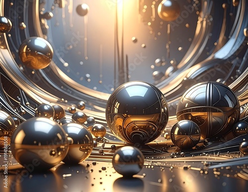 Spheres of metal reflect golden light in an abstract space, creating a modern, sci-fi atmosphere