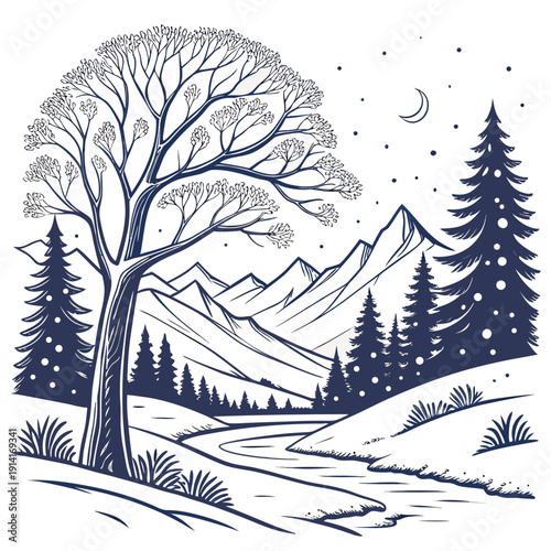 Winter landscape with tree and mountains under moonlight