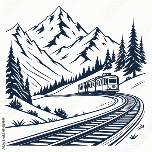 Train on tracks curving through mountains and trees