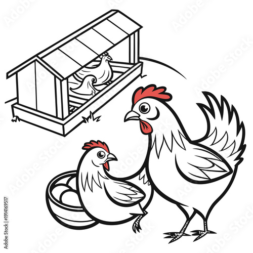 Chickens and henhouse with eggs cartoon farm animals