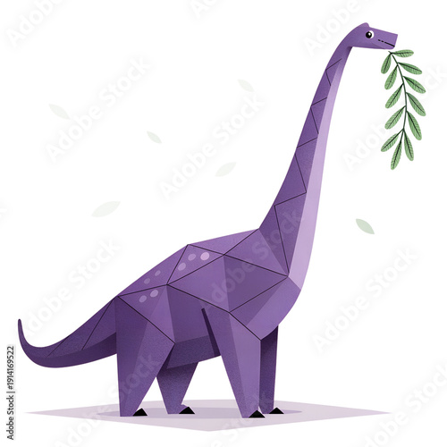A cute purple dinosaur in a modern geometric style eats leaves in a playful scene