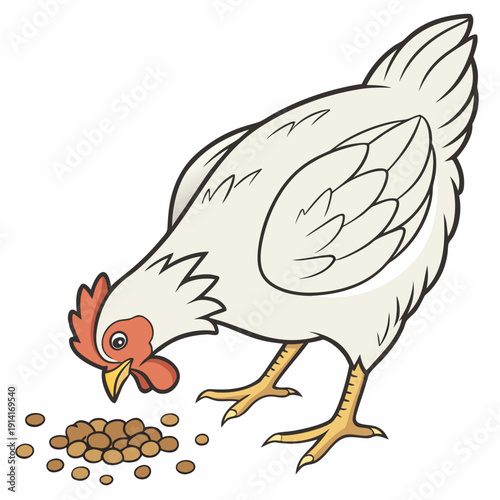 White cartoon chicken eating brown feed pellets red comb