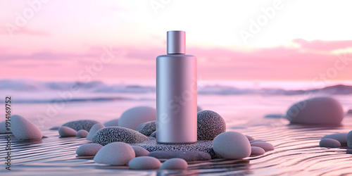 Shampoo Bottle Mockup on Stylized Pebble Base with Ambient Lighting and Minimal Background