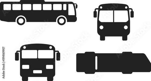 Bus silhouette set, public transport vehicle icons collection, front side top views, urban transportation design elements, commercial vehicle vector illustration bundle