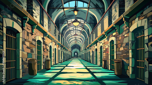 Very beautiful gothic prison corridor at Eastern State Penitentiary, long vaulted hallways fading into shadow and textured stone walls.