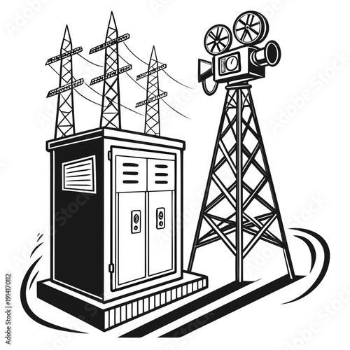 Black and white of electrical substation with television broadcast tower