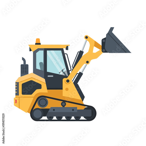 Yellow compact track loader with bucket raised, construction equipment, heavy machinery.