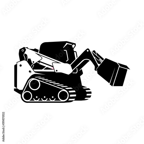 Compact tracked loader with front bucket, black and white silhouette, construction equipment icon