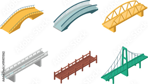 Set of Isometric Bridge Vector Illustrations Including Suspension Arch Truss and Footbridge Designs for Urban Infrastructure City Map Planning and 2D Game Environment Assets