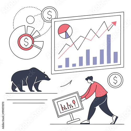 Man pushing computer monitor with graphs and charts, bear, financial analysis