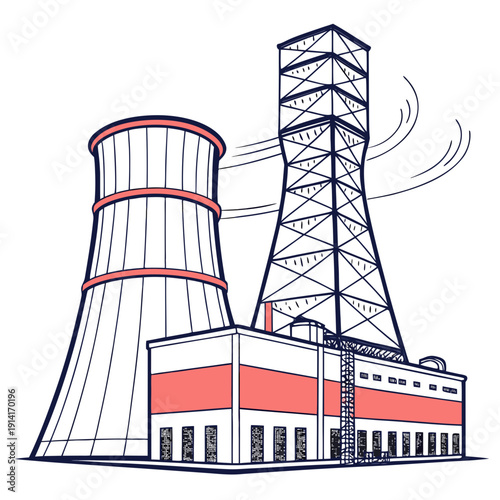 Nuclear power plant with cooling tower and smokestack