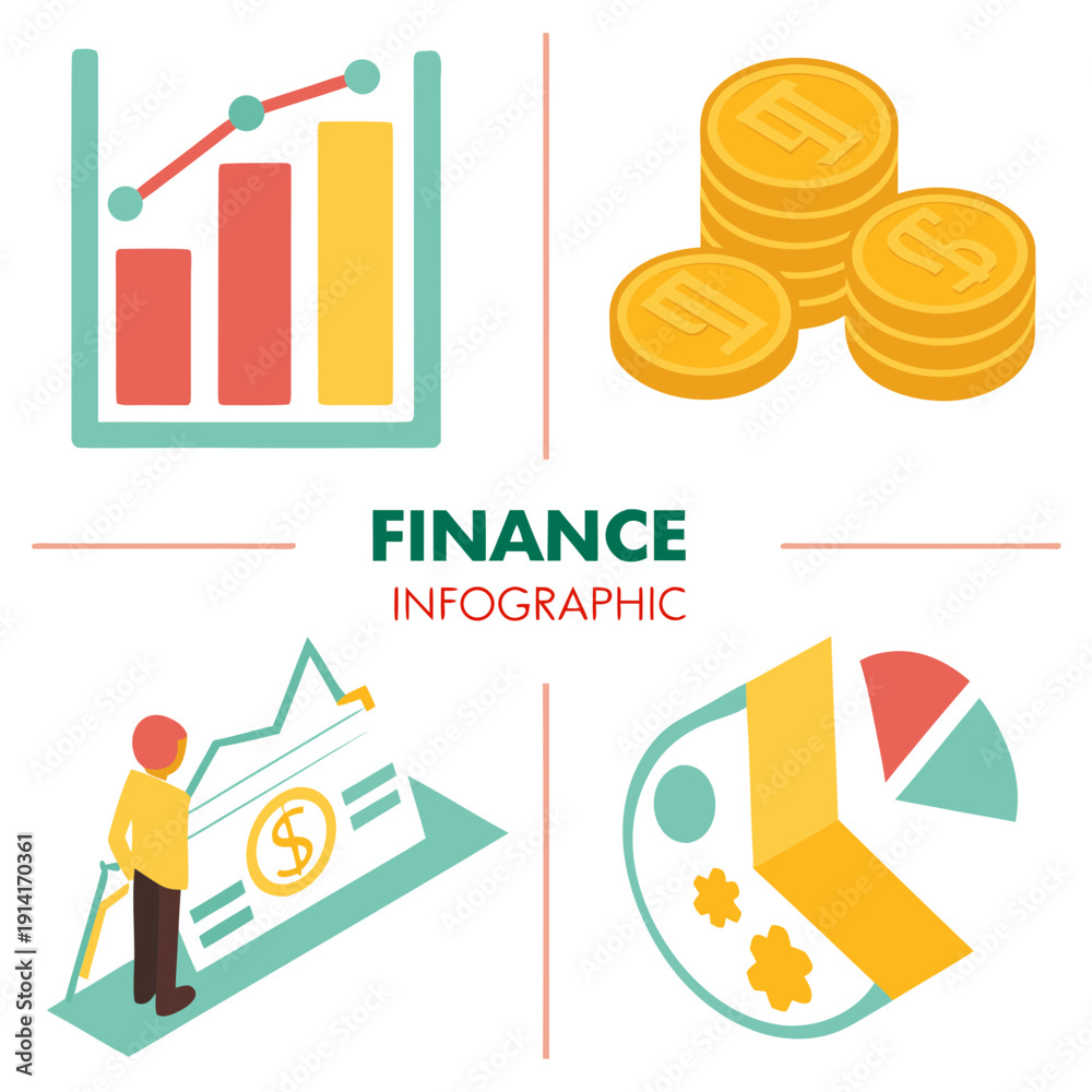 Fototapeta premium Finance infographic with bar chart coins person and pie chart
