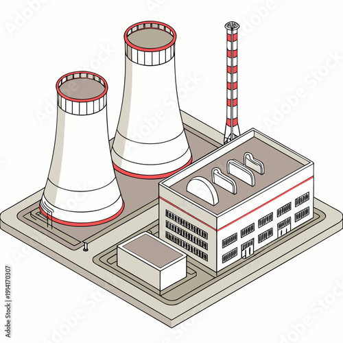 Isometric view of nuclear power plant with cooling towers