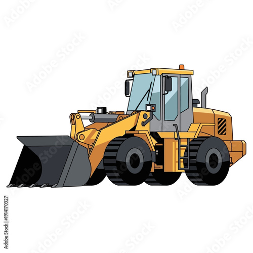 Yellow wheel loader construction vehicle with large bucket on white background