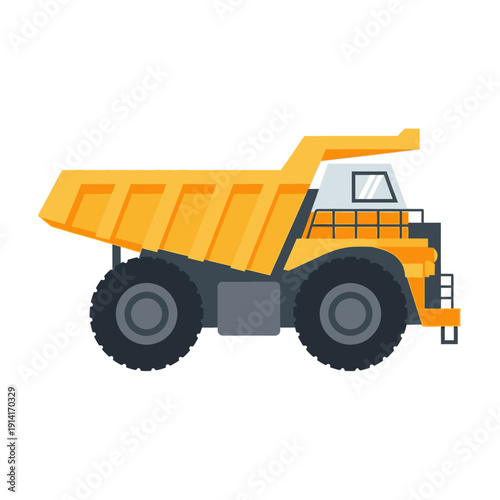 Yellow mining dump truck, heavy construction vehicle, industrial machinery, isolated on white background