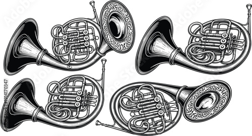 Set of Four Detailed French Horn Musical Instrument Illustrations Featuring Ornate Engravings and Classical Brass Design in Black and White Line Art Style for Music