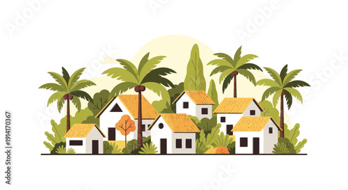 Tropical village with palm trees and white houses, flat design illustration