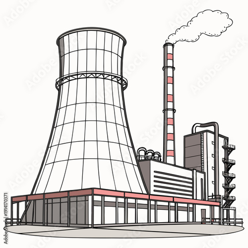 Nuclear power plant with cooling tower and smokestack 1