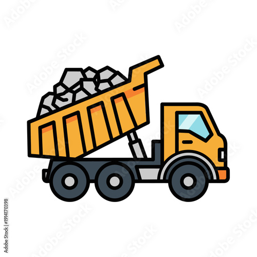 Yellow dump truck carrying rocks, construction vehicle icon, isolated on white background