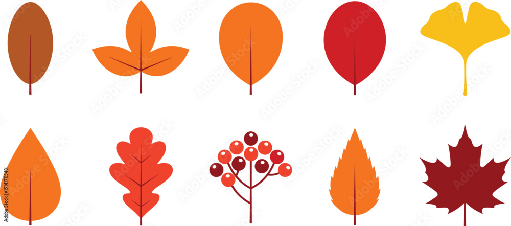 Obraz premium Autumn leaf icon set with colorful fall foliage shapes for seasonal decoration nature illustrations and design projects