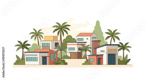 Modern Tropical Houses with Palm Trees - Flat Design Illustration